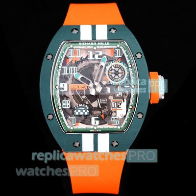 Swiss Clone Richard Mille RM029 Green Carbon Fiber Le Mans Orange Rubber Strap Watch 